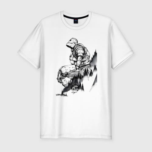 Мужская приталенная футболка из хлопка с принтом Робот сидит на холме - Стальной гигант, вид спереди №1