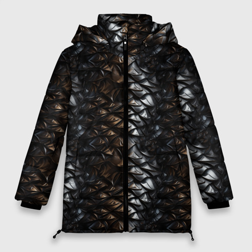 Женская зимняя куртка оверсайз с принтом Блестящая металлическая  броня, вид спереди №1