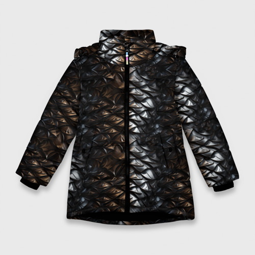 Зимняя куртка для девочек с принтом Блестящая металлическая  броня, вид спереди №1