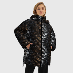 Куртка с принтом Блестящая металлическая  броня для женщины, вид на модели спереди №2. Цвет основы: черный