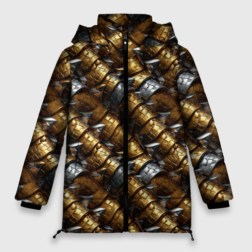 Женская зимняя куртка оверсайз с принтом Золотая и серебряная объемная броня, вид спереди №1