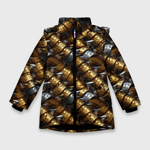 Зимняя куртка для девочек с принтом Золотая и серебряная объемная броня, вид спереди №1