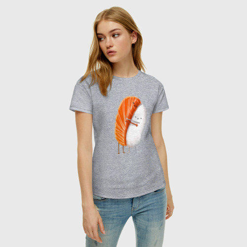 Женская футболка хлопок Лосось обнимает рис суши, цвет меланж - фото 3