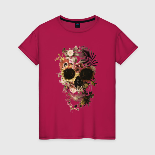 Женская футболка хлопок Череп из цветов, цвет маджента