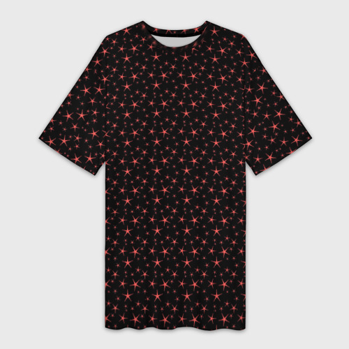 Платье-футболка с принтом Чёрный с розовыми звёздочками, вид спереди №1