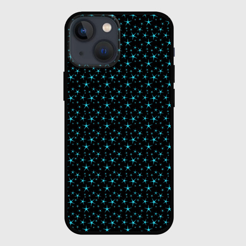Чехол для iPhone 13 mini с принтом Чёрный с голубыми звёздочками паттерн, вид спереди №1