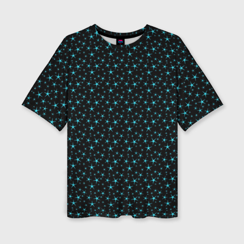 Женская футболка оверсайз с принтом Чёрный с голубыми звёздочками паттерн, вид спереди №1