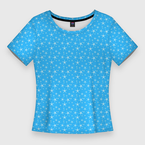 Женская приталенная футболка с принтом Голубой со звёздочками, вид спереди №1