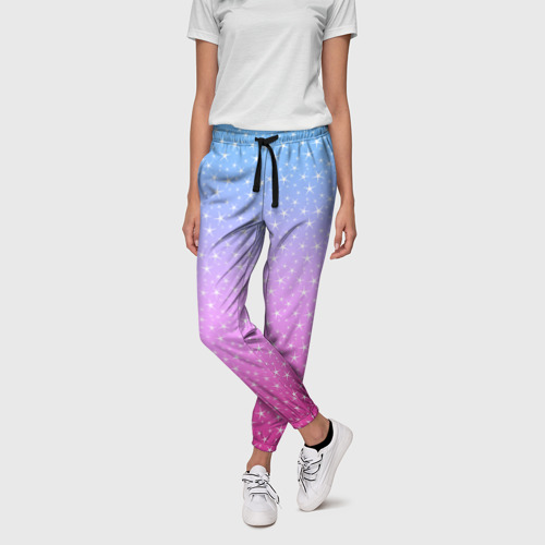 Женские брюки 3D с принтом Звёздный градиент голубой и розовый, фото на моделе #1