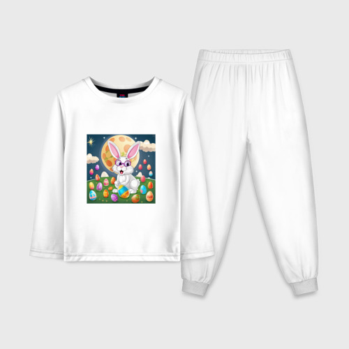 Детская пижама с лонгсливом из хлопка с принтом Зайчик ботаник, вид спереди №1