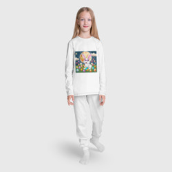 Пижама с принтом Зайчик ботаник для ребенка, вид на модели спереди №3. Цвет основы: белый