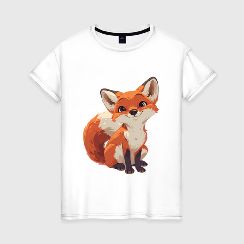 Женская футболка из хлопка с принтом Cute little fox, вид спереди №1