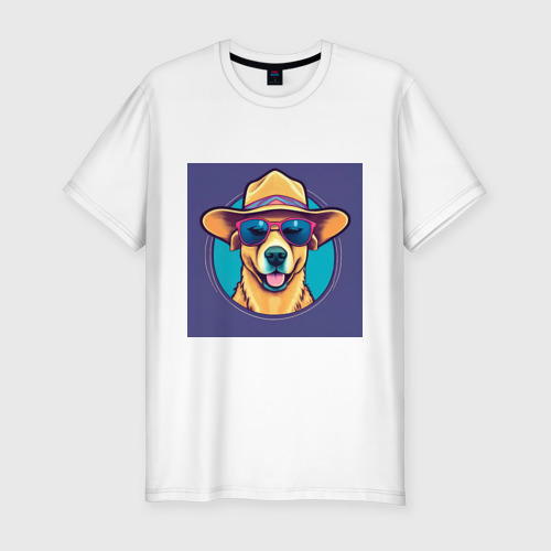 Мужская приталенная футболка из хлопка с принтом Собака в очках и шляпе, вид спереди №1