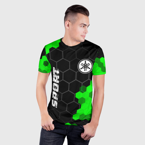 Мужская футболка 3D Slim с принтом Yamaha green sport hexagon, фото на моделе #1