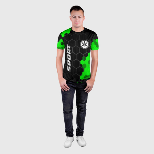 Мужская футболка 3D Slim с принтом Yamaha green sport hexagon, вид сбоку #3