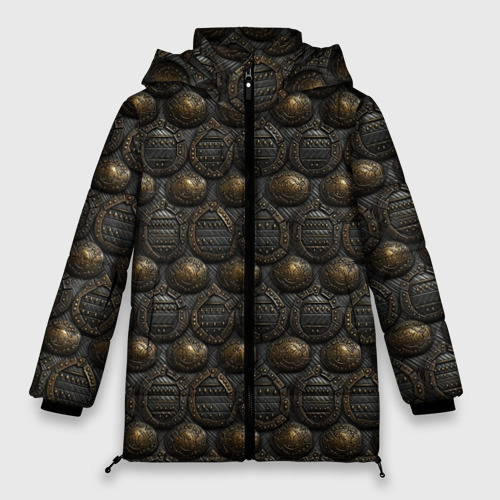 Женская зимняя куртка оверсайз с принтом Темная классическая броня, вид спереди №1