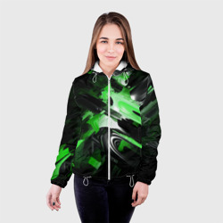 Куртка с принтом Green dark abstract geometry style для женщины, вид на модели спереди №2. Цвет основы: белый
