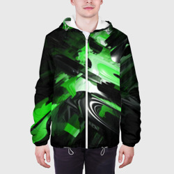 Куртка с принтом Green dark abstract geometry style для мужчины, вид на модели спереди №3. Цвет основы: белый