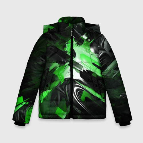 Зимняя куртка для мальчиков с принтом Green dark abstract geometry style, вид спереди №1