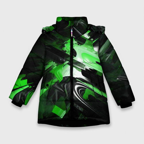 Зимняя куртка для девочек с принтом Green dark abstract geometry style, вид спереди №1