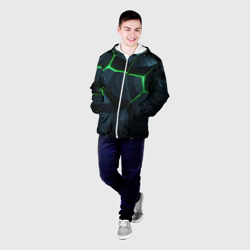 Куртка с принтом Abstract dark green  geometry style для мужчины, вид на модели спереди №2. Цвет основы: белый