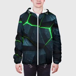 Куртка с принтом Abstract dark green  geometry style для мужчины, вид на модели спереди №3. Цвет основы: белый