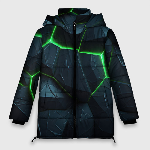 Женская зимняя куртка оверсайз с принтом Abstract dark green  geometry style, вид спереди №1