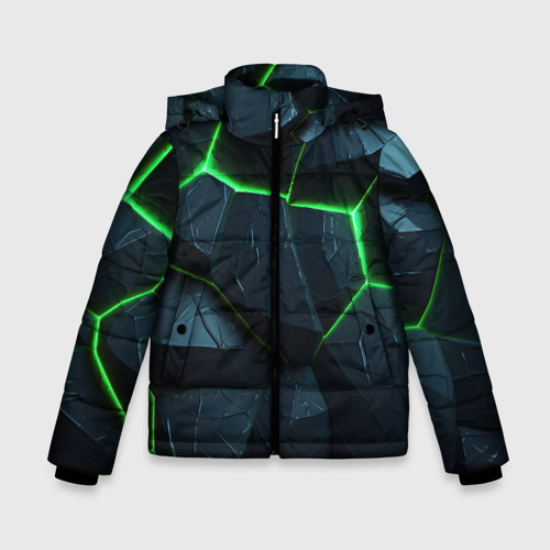 Зимняя куртка для мальчиков с принтом Abstract dark green  geometry style, вид спереди №1