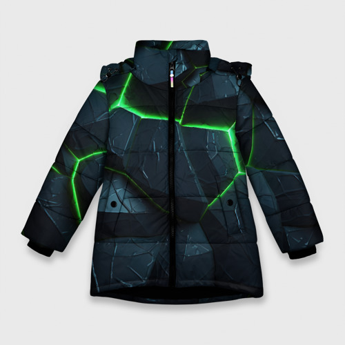 Зимняя куртка для девочек с принтом Abstract dark green  geometry style, вид спереди №1