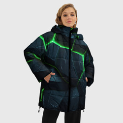 Куртка с принтом Abstract dark green  geometry style для женщины, вид на модели спереди №2. Цвет основы: черный