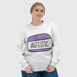 Свитшот с принтом Аутист значок для женщины, вид на модели спереди №4. Цвет основы: белый