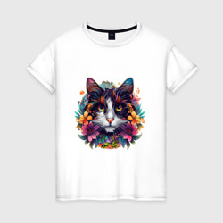 Цветочный кот – Женская футболка хлопок с принтом купить со скидкой в -20%