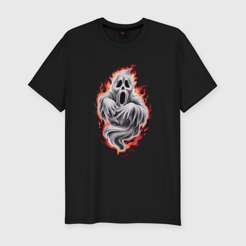 Мужская приталенная футболка из хлопка с принтом Призрак в огне, вид спереди №1