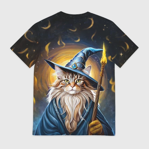 Мужская футболка 3D с принтом Кот Мейн Кун волшебник, вид сзади #1