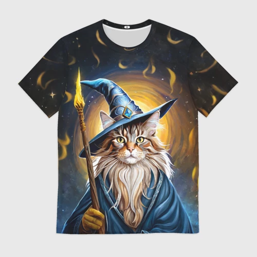 Мужская футболка 3D с принтом Кот Мейн Кун волшебник, вид спереди #2