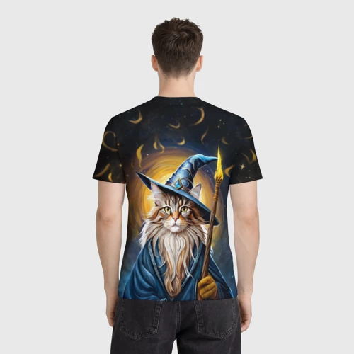 Мужская футболка 3D с принтом Кот Мейн Кун волшебник, вид сзади #2