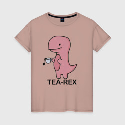Тирекс с чашкой чая – Женская футболка хлопок с принтом купить со скидкой в -20%