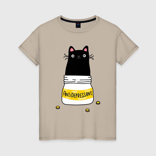 Женская футболка хлопок Кот в баночке антидепрессантов, цвет миндальный