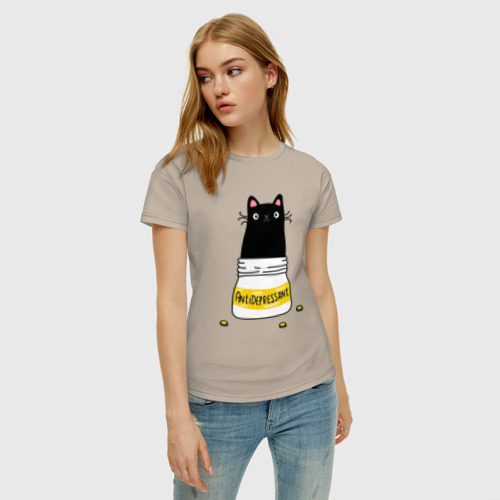 Женская футболка хлопок Кот в баночке антидепрессантов, цвет миндальный - фото 3