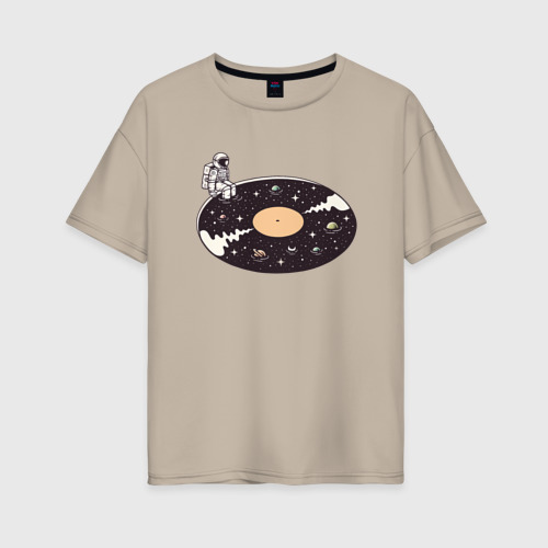 Женская футболка хлопок Oversize Космонавт музыкальная пластинка, цвет миндальный