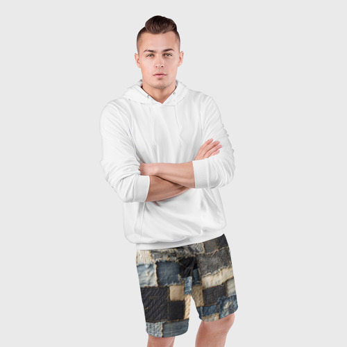Мужские шорты спортивные Заплатки пэчворк на джинсе, цвет 3D печать - фото 5