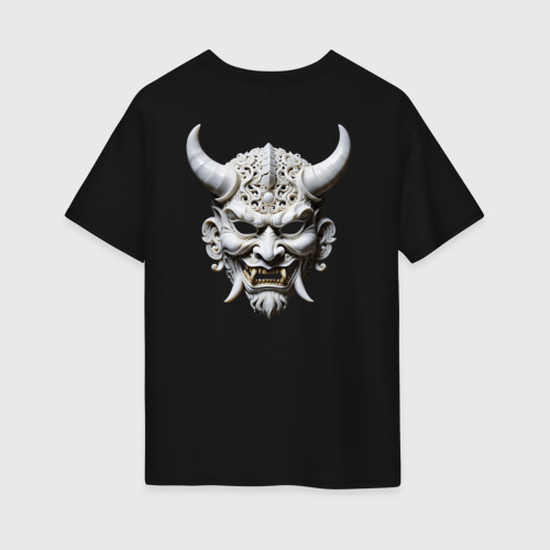 Женская футболка хлопок Oversize Демон японская резная маска, цвет черный - фото 2
