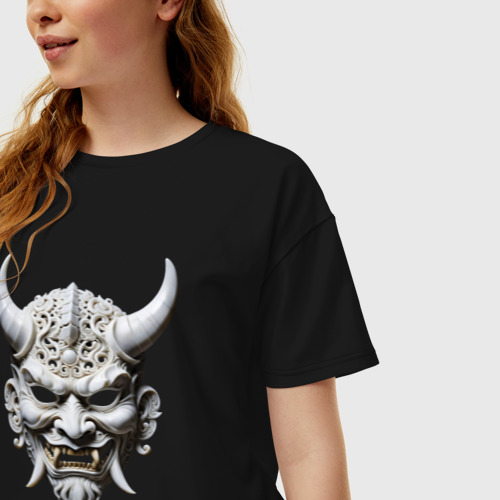 Женская футболка хлопок Oversize Демон японская резная маска, цвет черный - фото 3