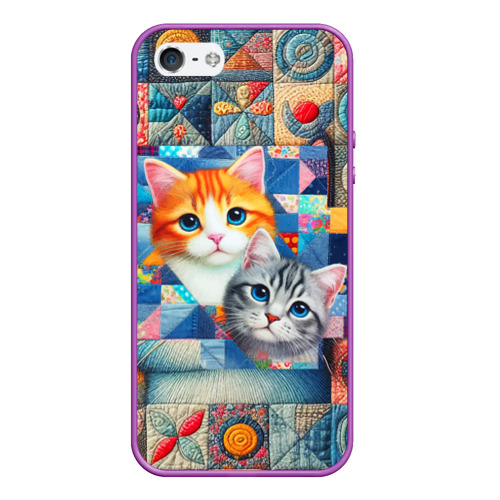 Чехол для iPhone 5/5S матовый Кошка с котёнком - пэчворк нейросеть, цвет фиолетовый
