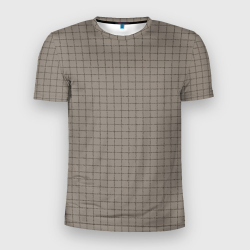Мужская приталенная футболка с принтом Серый бежевый в клетку, вид спереди №1