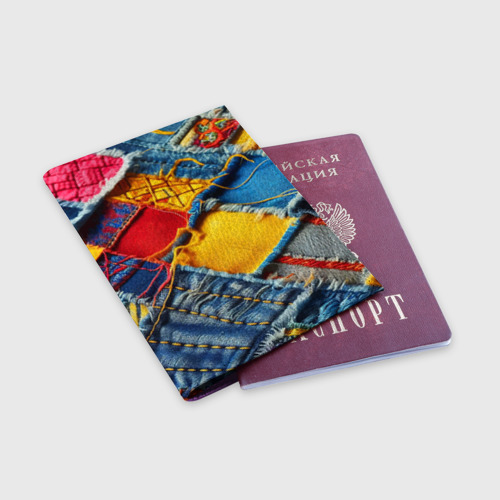 Обложка для паспорта матовая кожа Colorful denim patchwork - ai art, цвет фиолетовый - фото 3