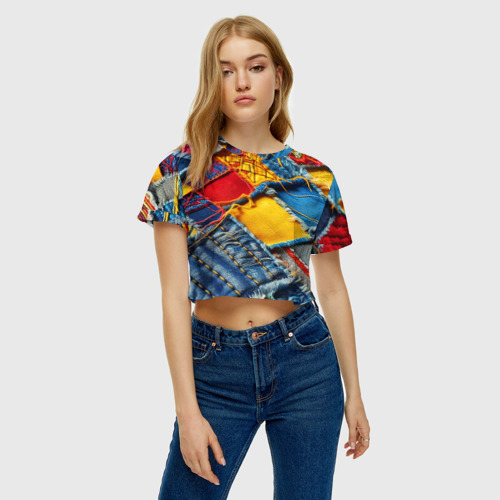 Женская футболка Crop-top 3D Colorful denim patchwork - ai art, цвет 3D печать - фото 3