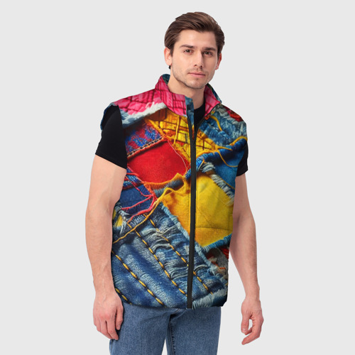 Мужской жилет утепленный 3D Colorful denim patchwork - ai art, цвет черный - фото 3