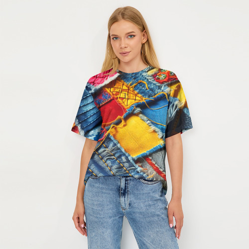 Женская футболка oversize 3D Colorful denim patchwork - ai art, цвет 3D печать - фото 5