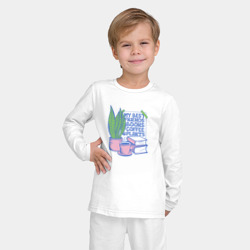 Пижама с принтом Книги, кофе, растения - мои друзья для ребенка, вид на модели спереди №2. Цвет основы: белый